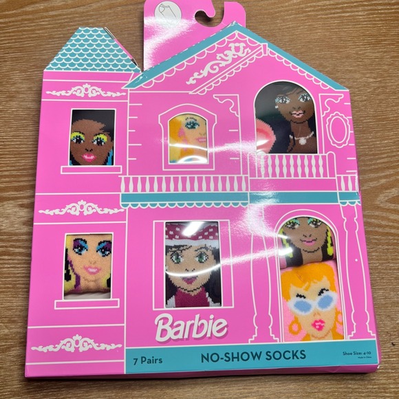 Barbie Accessories - Barbie No-Show Socks 7 Pairs Womens Shoe Size 4-10 Dreamhouse Gift Box Pink New